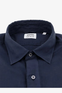 Aspesi men’s dark navy blue cotton button-down shirt with crisp collar and silver-toned buttons and subtle texture