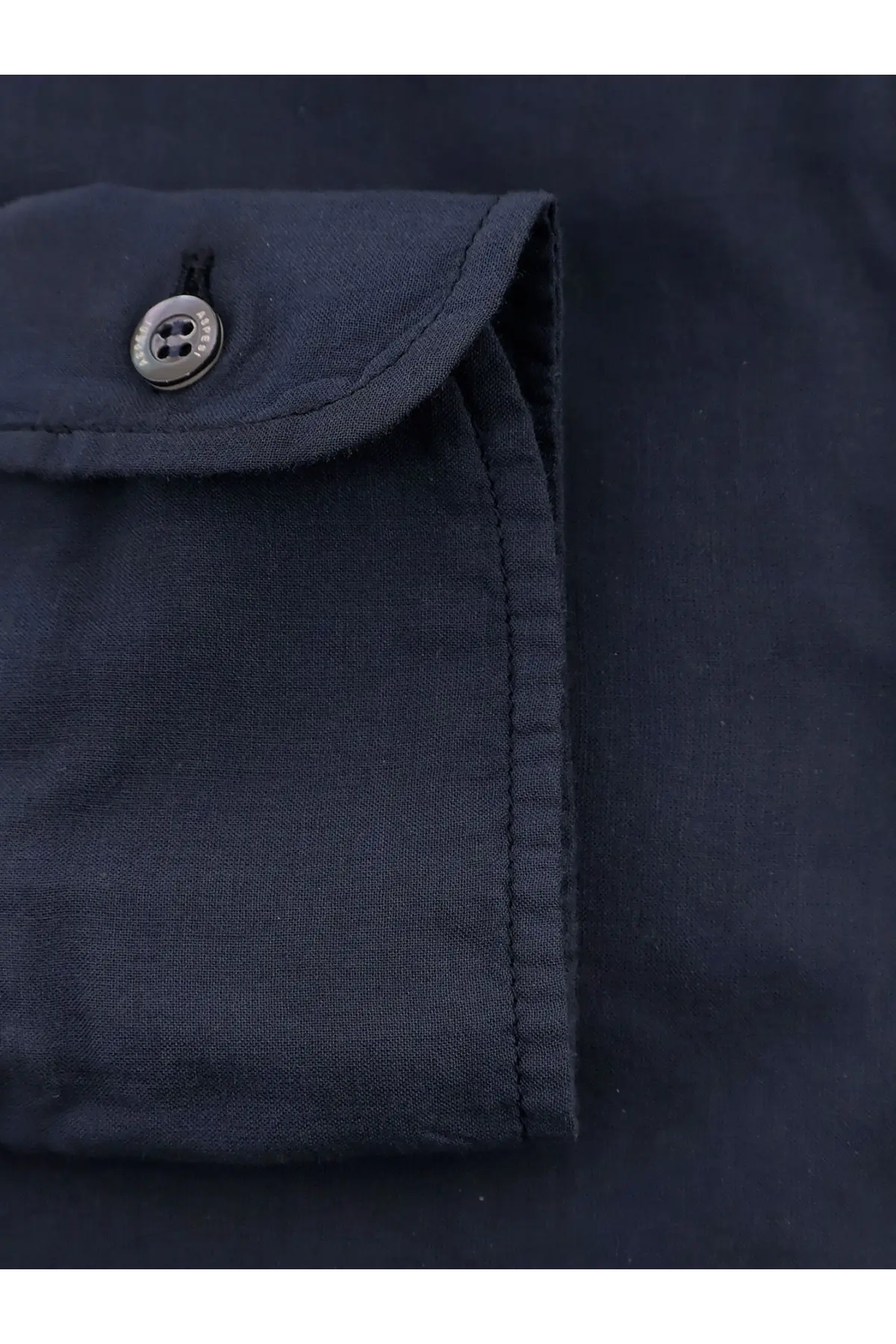 Aspesi men’s cotton shirt blue showing dark navy cotton cuff with silver toned button detail