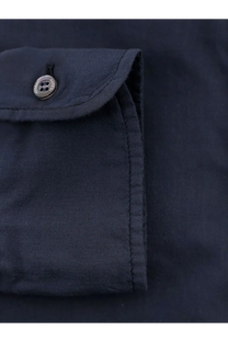 Aspesi men’s cotton shirt blue showing dark navy cotton cuff with silver toned button detail