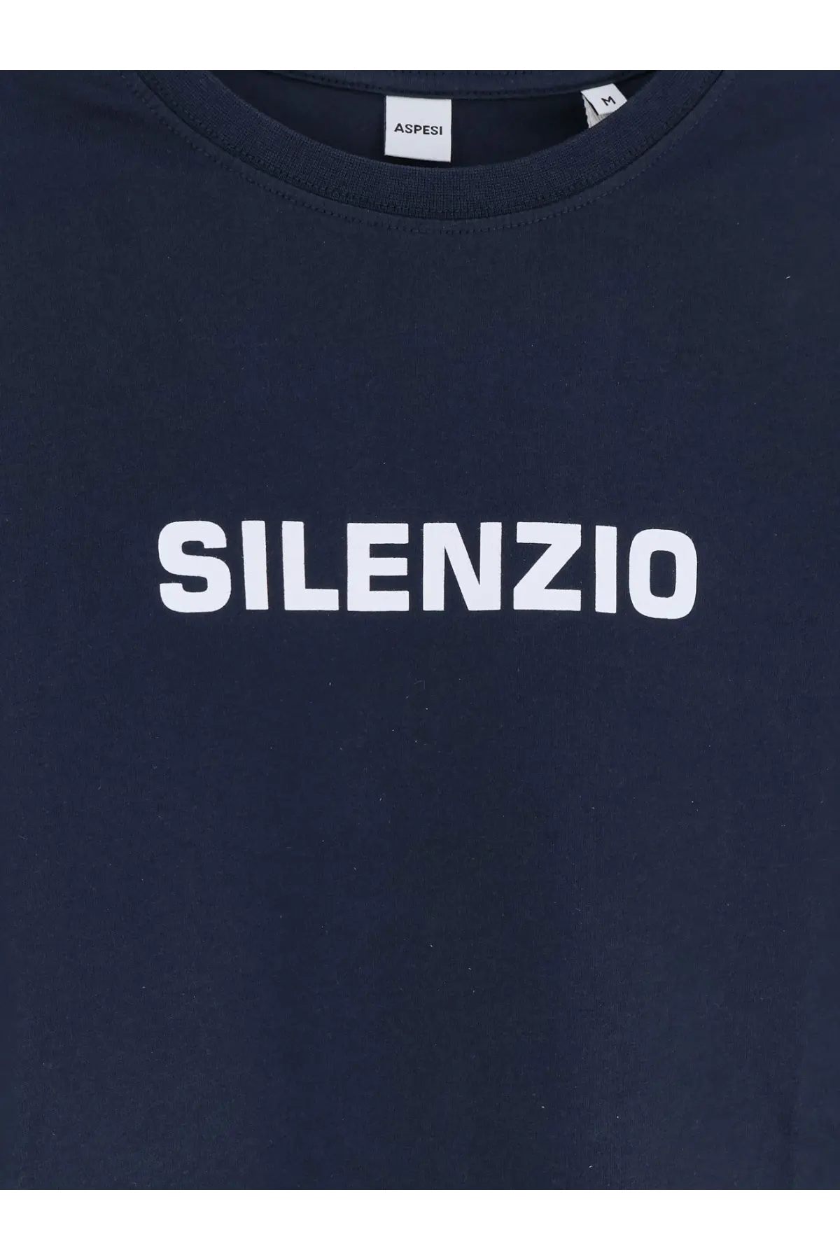 Aspesi men’s dark navy cotton t-shirt with bold white silenzio lettering across the chest