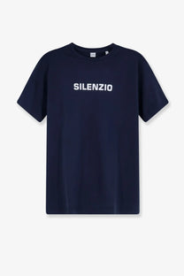Aspesi men’s navy blue cotton t-shirt with white silenzio lettering across the chest