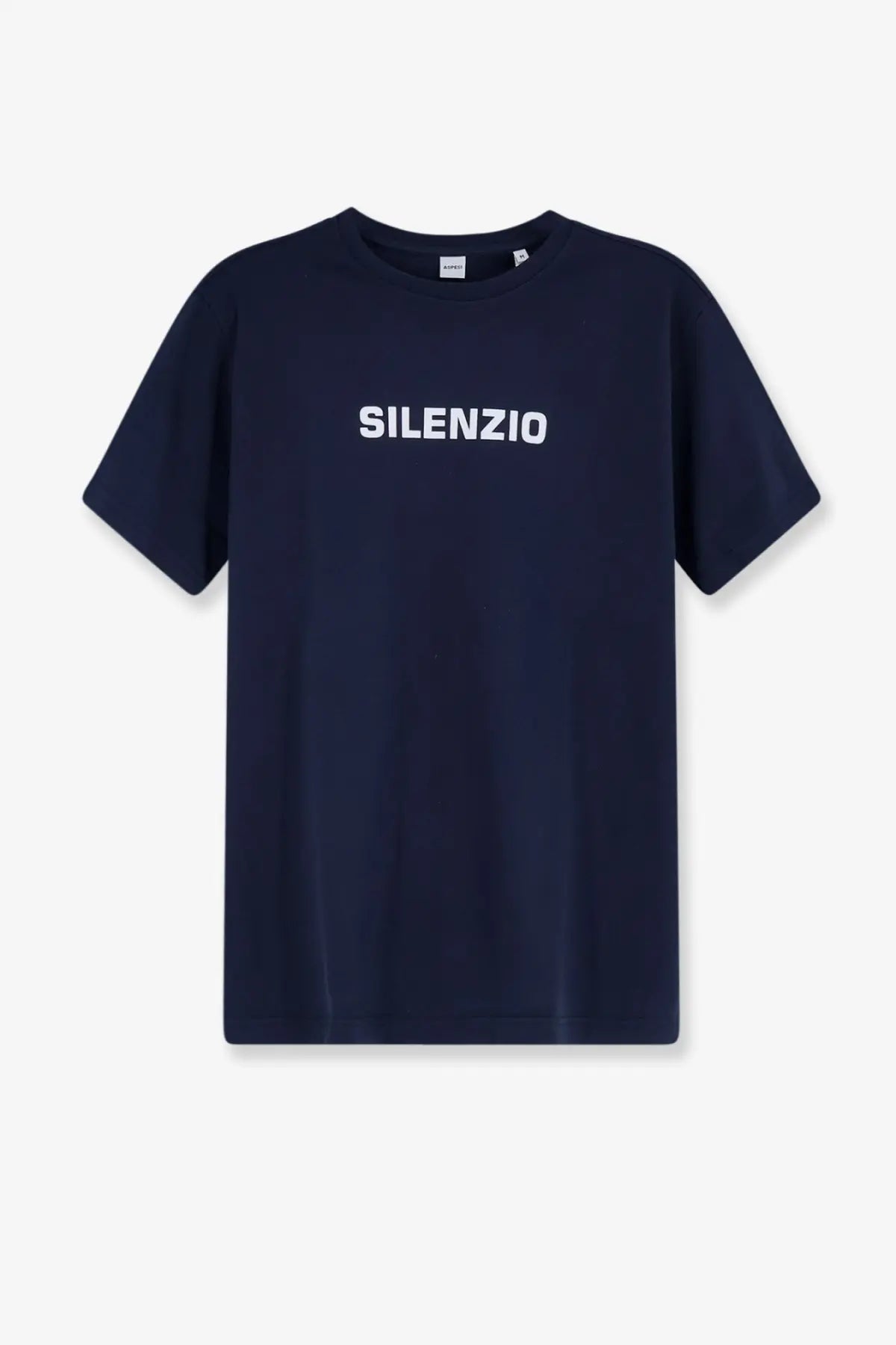 Navy blue aspesi men’s cotton t-shirt with white silenzio lettering across the chest