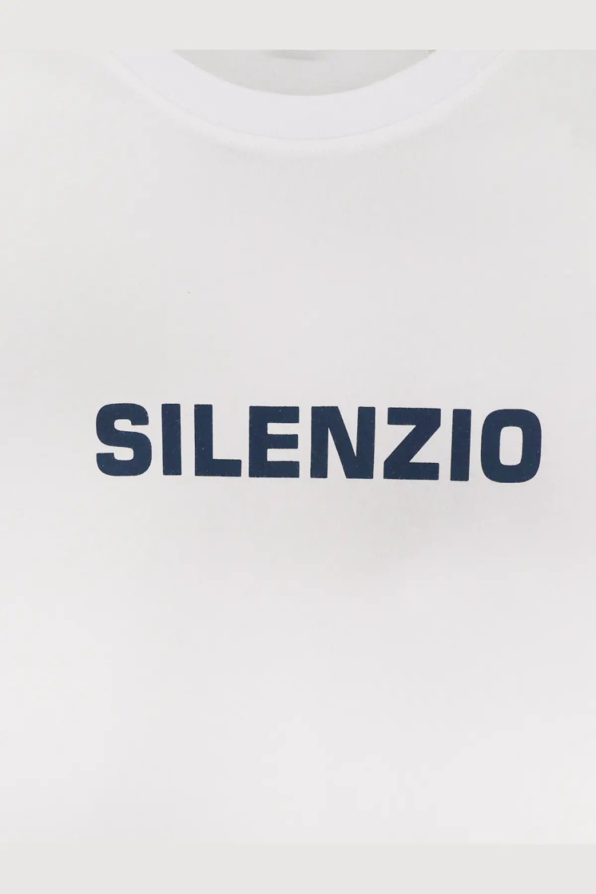Aspesi men’s white cotton t-shirt with bold navy blue silenzio lettering across the chest