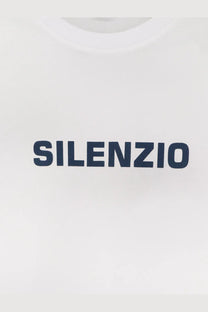 Aspesi men’s white cotton t-shirt with bold navy blue silenzio lettering across the chest