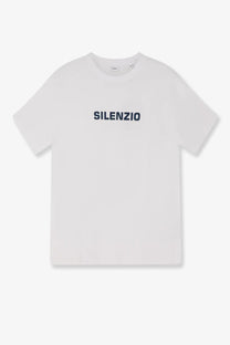 Aspesi men’s white cotton t-shirt with navy blue silenzio lettering across the chest