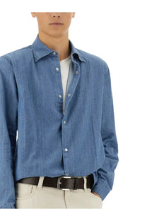 Aspesi men’s denim west shirt in blue featuring a button-up design classic collar and silver buttons
