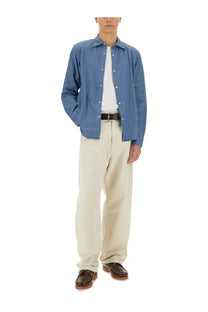 Aspesi men’s denim west shirt in blue with subtle striped texture and classic collar made of denim material