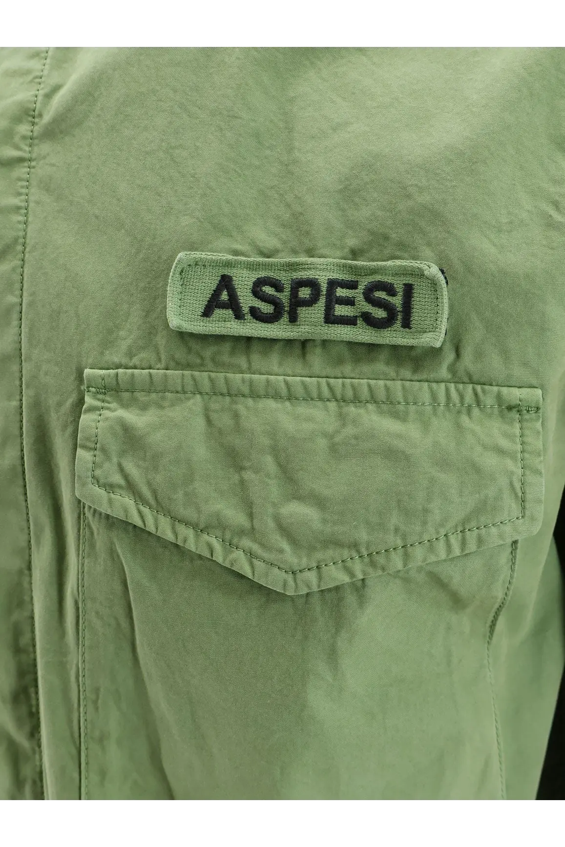 Olive green aspesi men’s field cotton shirt with matching embroidered patch and flap pocket in pistachio color