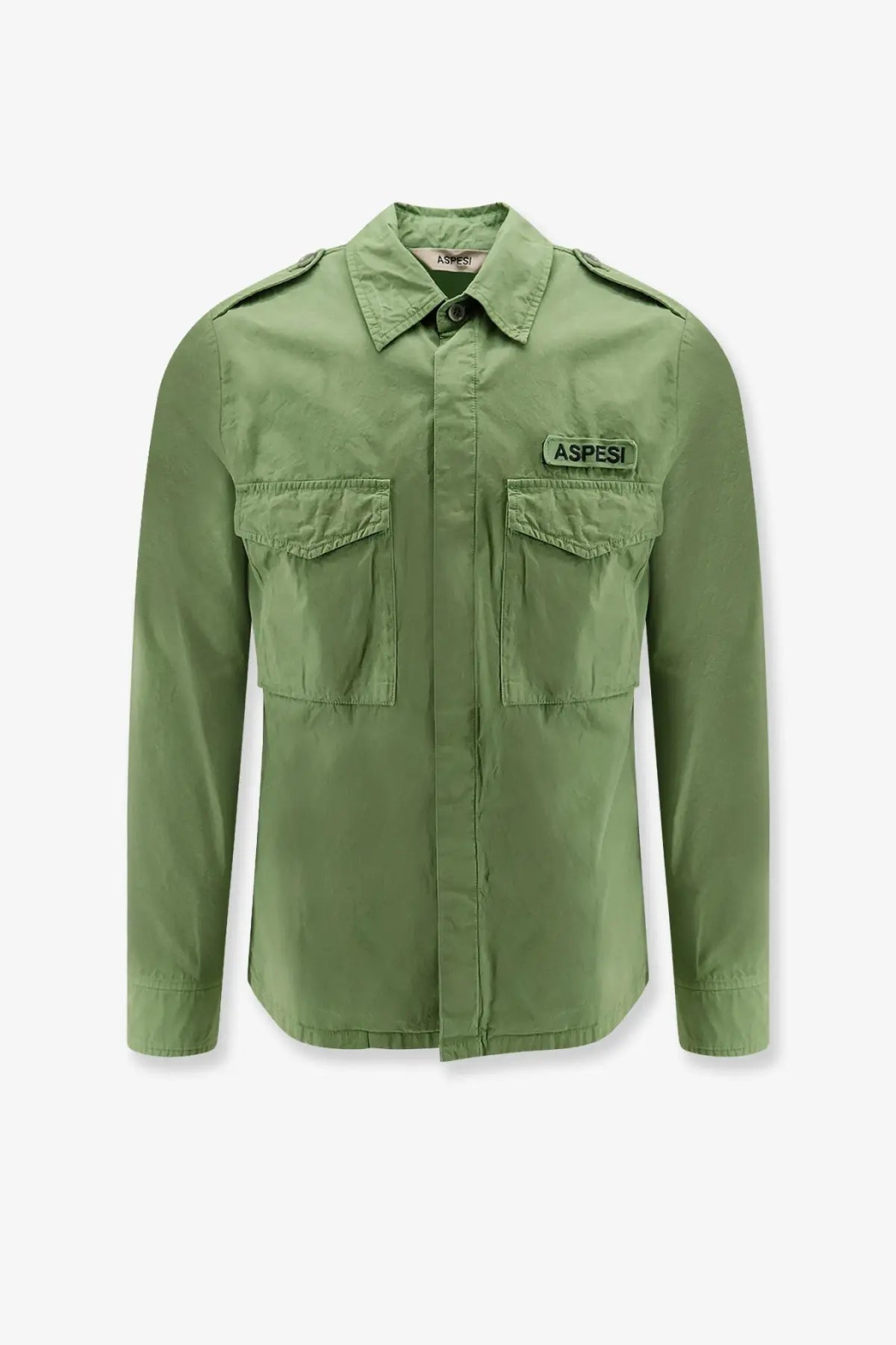 Aspesi men’s pistachio olive green long-sleeved field cotton shirt with button-down collar and two chest pockets