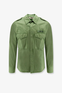 Aspesi men’s pistachio olive green long-sleeved field cotton shirt with button-down collar and two chest pockets