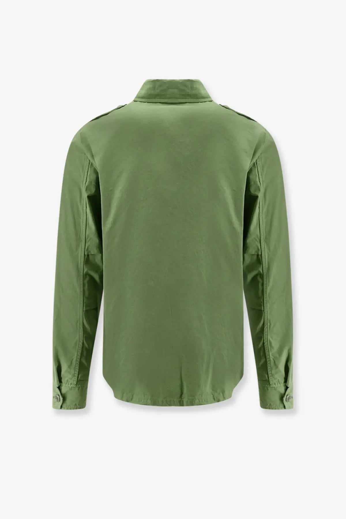 Olive green military-style Aspesi men’s field cotton shirt with reinforced shoulder patches and buttoned cuffs