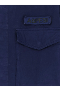 Dark blue aspesi branded patch above matching pocket on aspesi men’s field lived fabric shirt blue jacket
