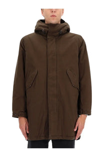 Aspesi men’s green hooded parka in brown with straight-cut silhouette and two slanted patch pockets visible from front