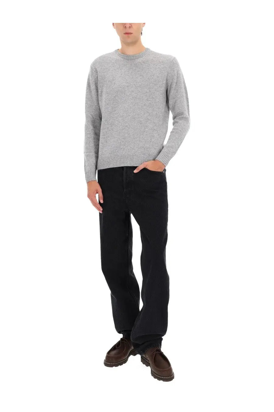 Aspesi men’s knitted sweater in grey with textured knit, ribbed cuffs, and hem made from soft material