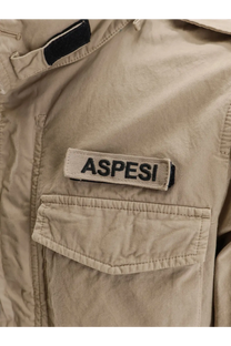 Beige aspesi brand patch on the front of a khaki cotton minifield jacket for men