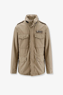 Beige aspesi men’s minifield cotton jacket with multiple flap pockets and quilted collar in military style