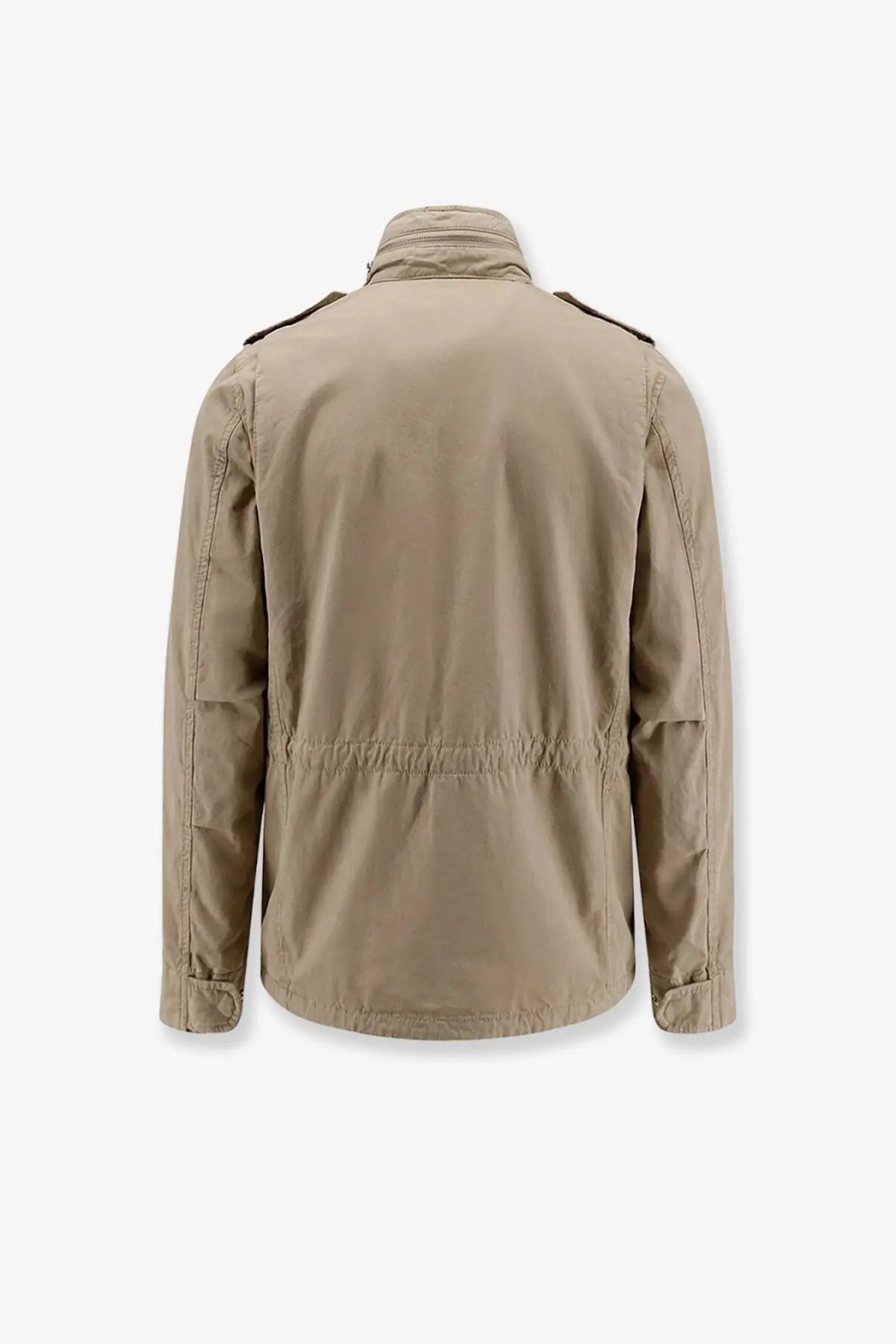 Beige aspesi men’s minifield cotton utility jacket with high collar shoulder epaulets and elasticated waistband