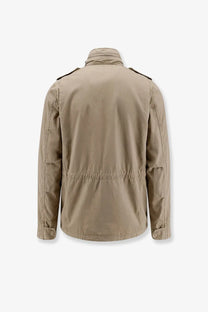 Beige aspesi men’s minifield cotton utility jacket with high collar shoulder epaulets and elasticated waistband