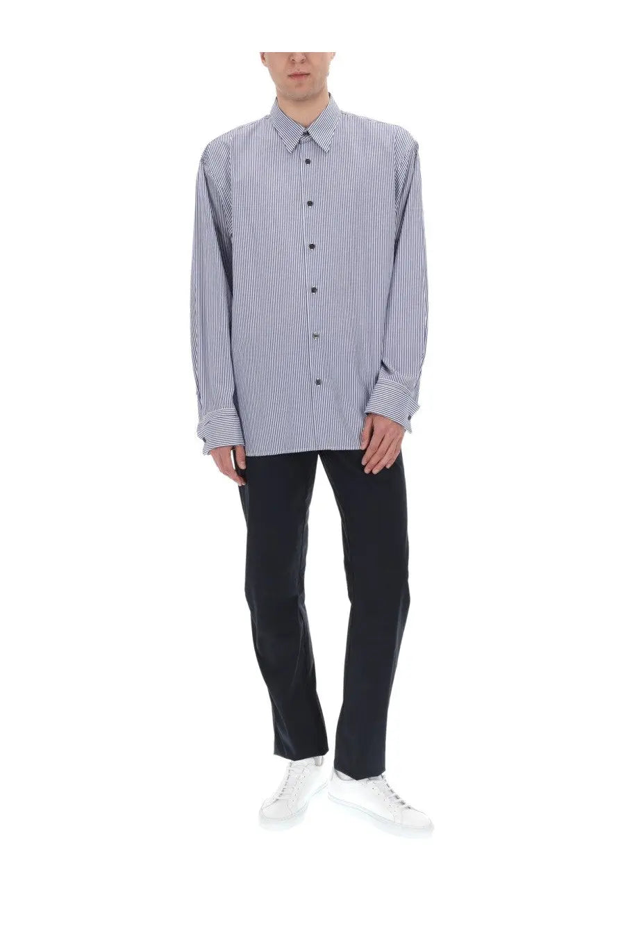 Aspesi men’s pantalone da trekking rivisitato blue long-sleeved oversized button-up shirt with light blue and white stripes
