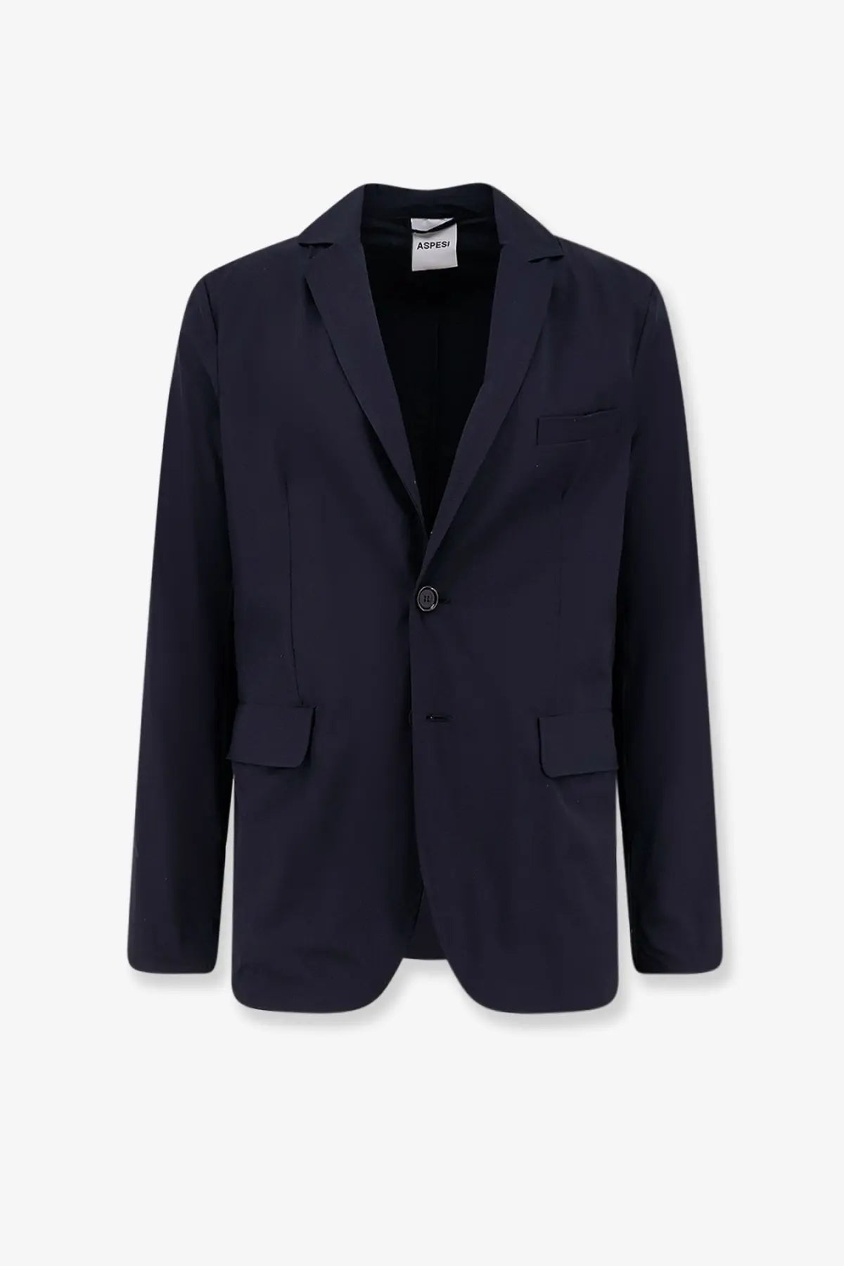 Aspesi men’s navy blue paperino blazer with single button closure and two flap pockets in stretch nylon material