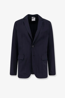 Aspesi men’s navy blue paperino blazer with single button closure and two flap pockets in stretch nylon material