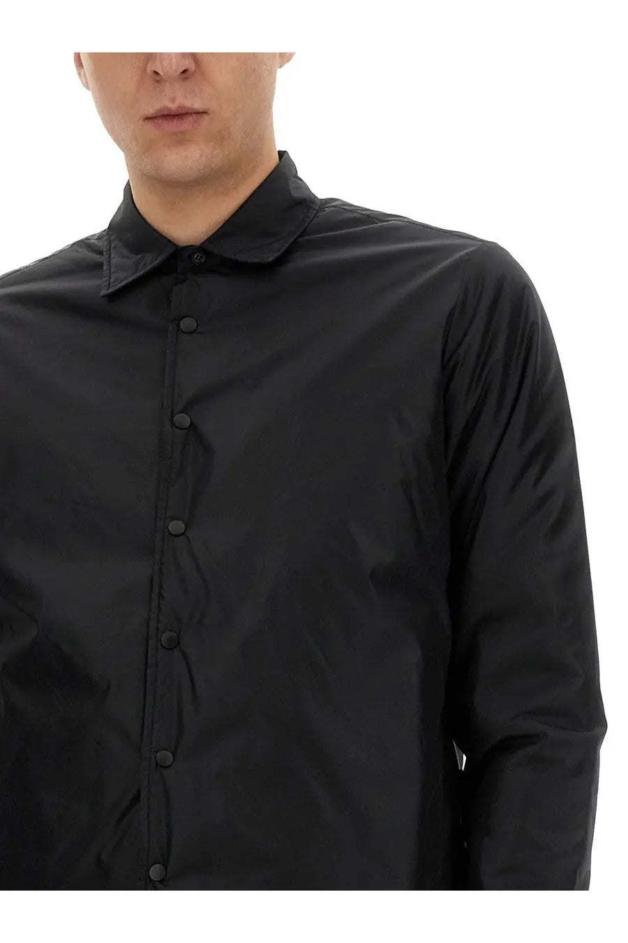 Aspesi men’s reshirt jacket black long-sleeved button-up shirt with crisp collar and subtle sheen