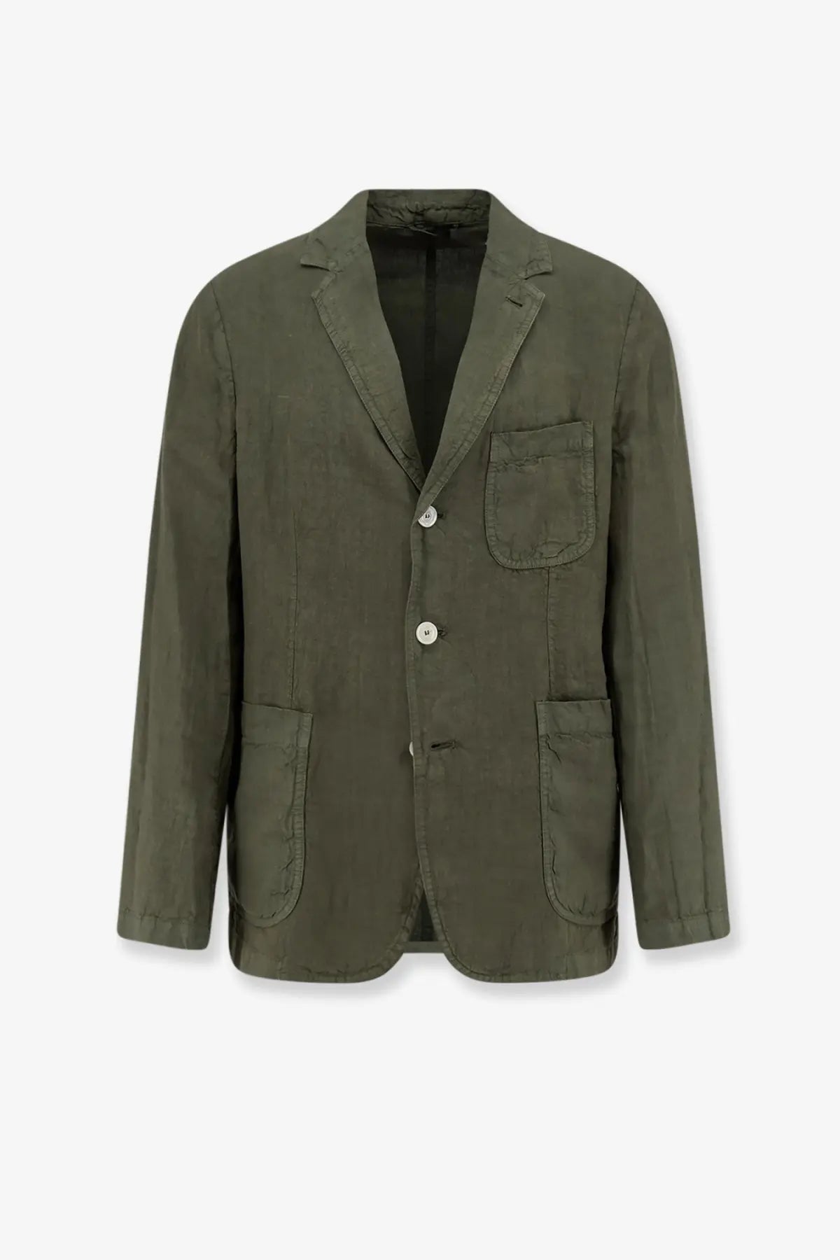 Aspesi men’s samuraki olive green linen blazer with three buttons and two flap pockets for stylish wear