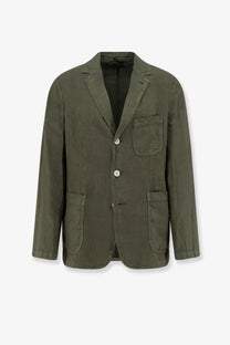 Aspesi men’s samuraki olive green linen blazer with three buttons and two flap pockets for stylish wear
