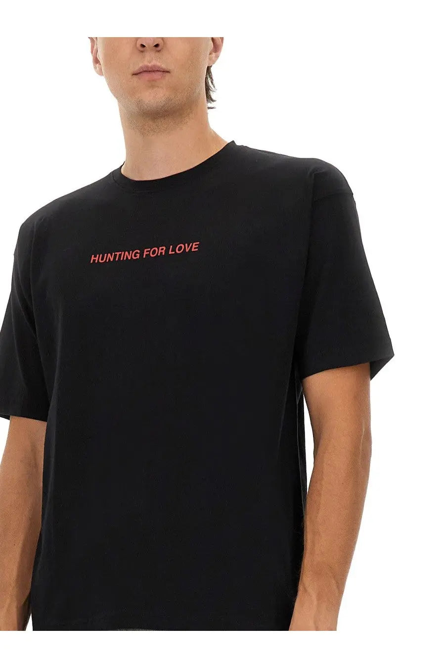 Black cotton t-shirt by Aspesi for men with hunting for love printed in red across the chest