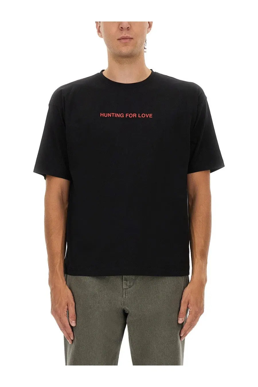 Aspesi men’s black short-sleeved cotton t-shirt with hunting for love embroidered in red on the chest