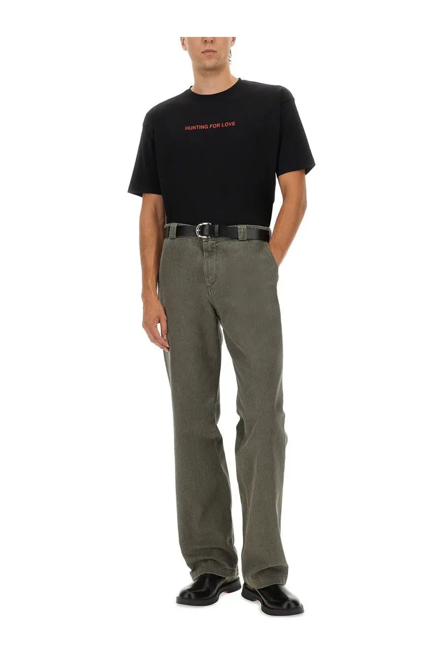 Aspesi men’s black short-sleeved cotton t-shirt with red hunting for love print on the chest
