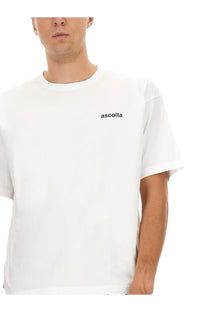 Aspesi men’s white cotton t-shirt with black ascolta logo embroidered on the left chest