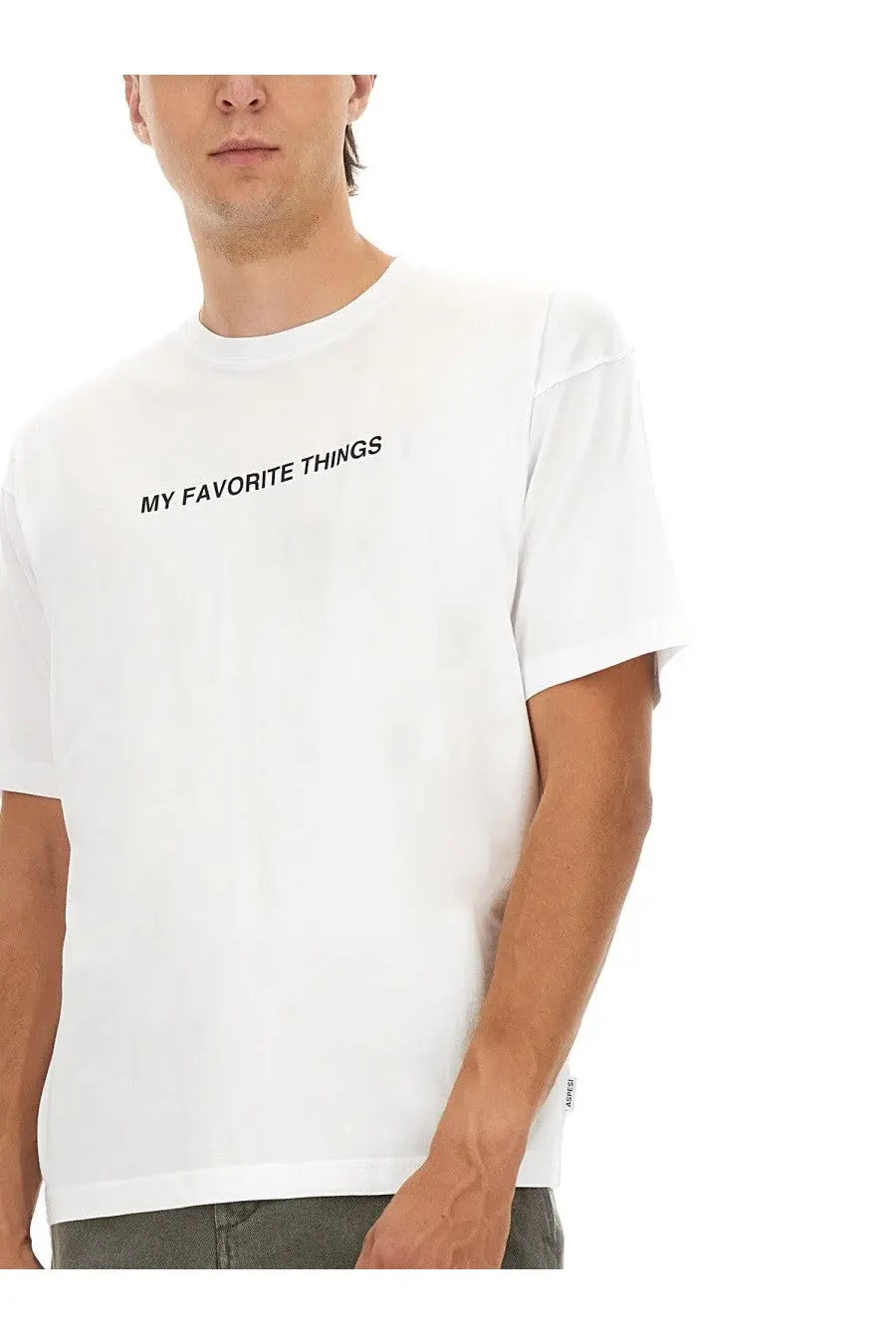 Aspesi men’s white cotton t-shirt with black my favorite things text printed across the chest
