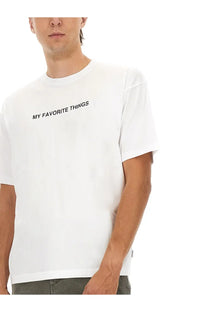 Aspesi men’s white cotton t-shirt with black my favorite things text printed across the chest