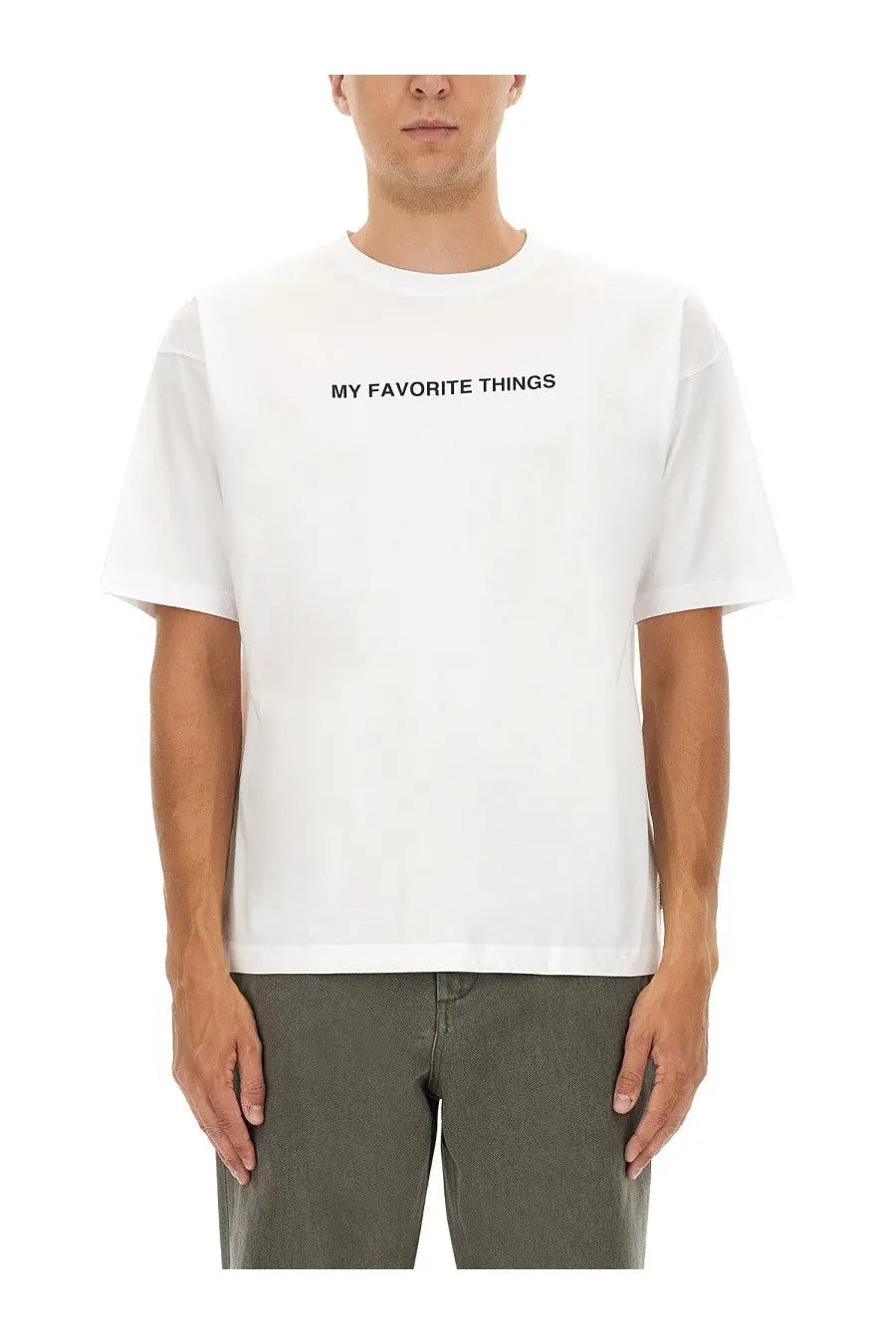 White cotton ASPESI men’s t-shirt featuring black my favorite things text across the chest
