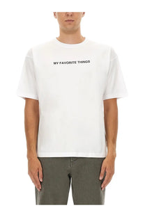 White cotton ASPESI men’s t-shirt featuring black my favorite things text across the chest