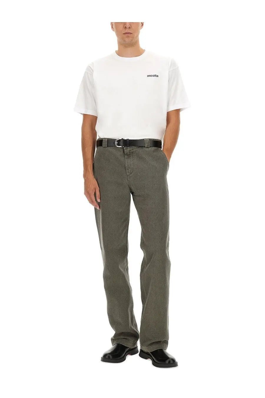Aspesi men’s white shirt paired with olive green textured chinos black belt and matching black shoes