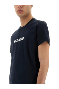 Black cotton t-shirt with white silenzio lettering across the chest from ASPESI men’s Silence shirt blue collection