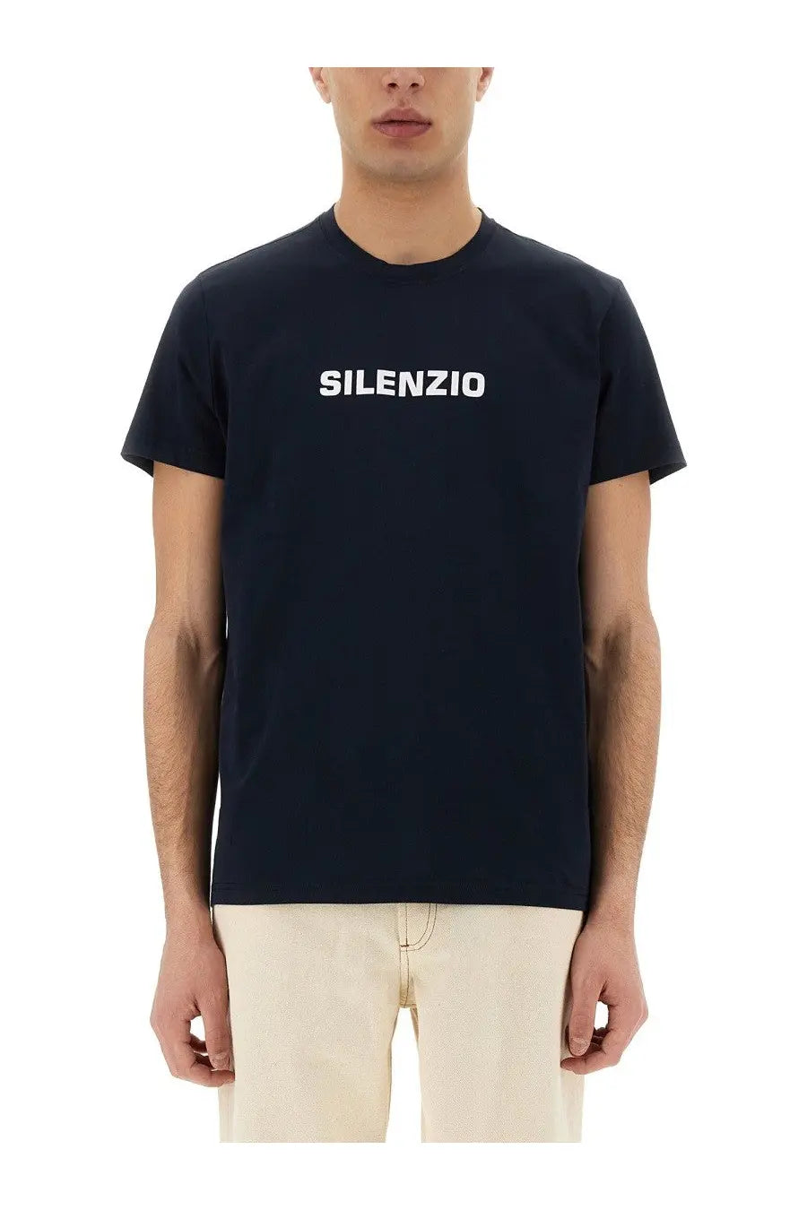 Navy blue cotton ASPESI men’s silence t-shirt with white silenzio logo across the chest