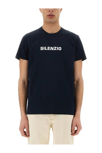 Navy blue cotton ASPESI men’s silence t-shirt with white silenzio logo across the chest