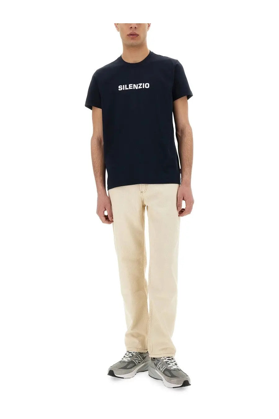 Navy blue aspesi men’s silence short-sleeved t-shirt with white silenzio text across the chest
