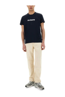 Navy blue aspesi men’s silence short-sleeved t-shirt with white silenzio text across the chest
