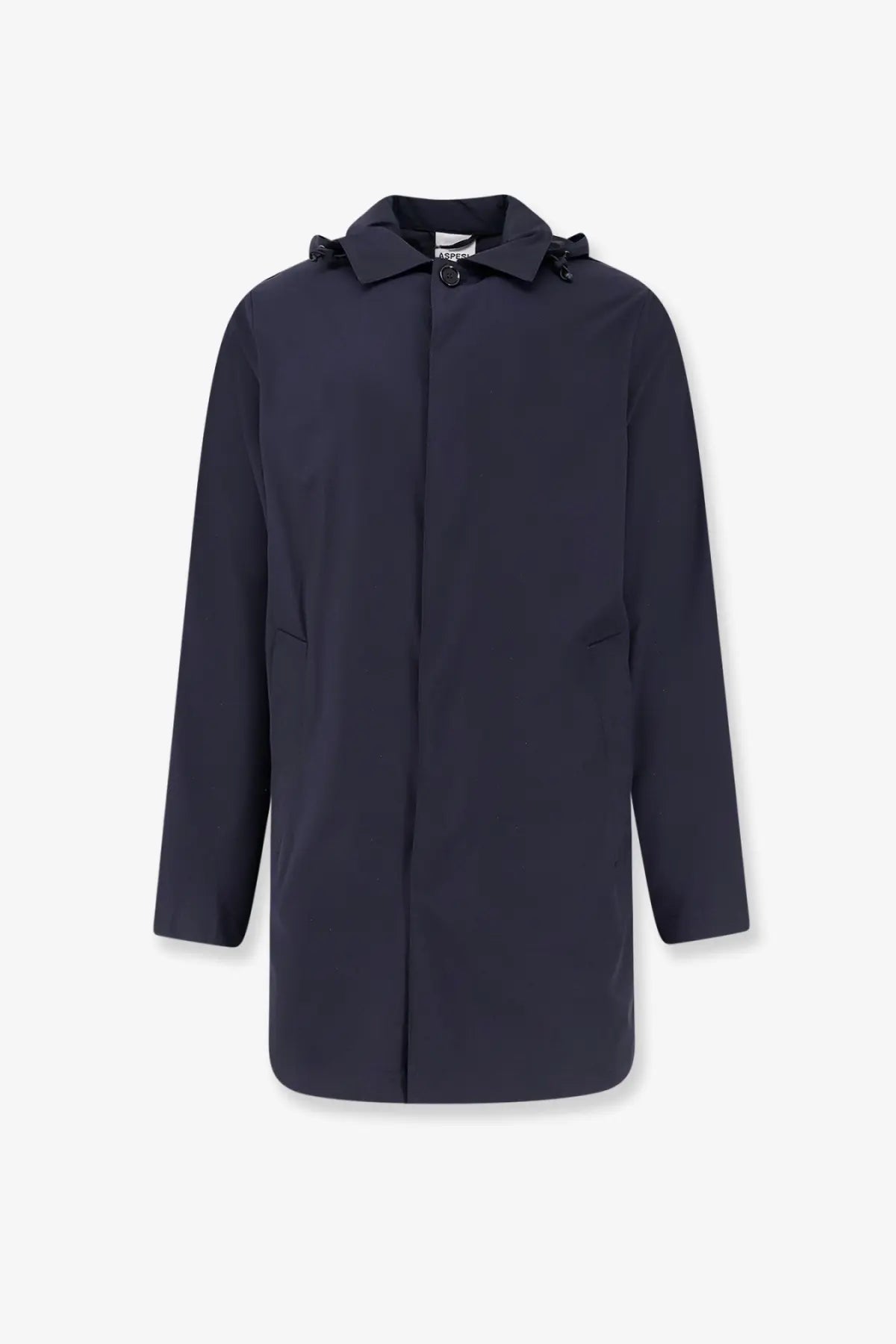 Aspesi men’s stadio hooded waterproof jacket blue with dark navy hooded coat structured collar and front zipper closure