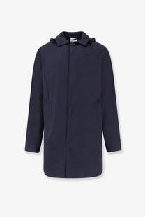 Aspesi men’s stadio hooded waterproof jacket in dark navy with structured collar and front zipper closure