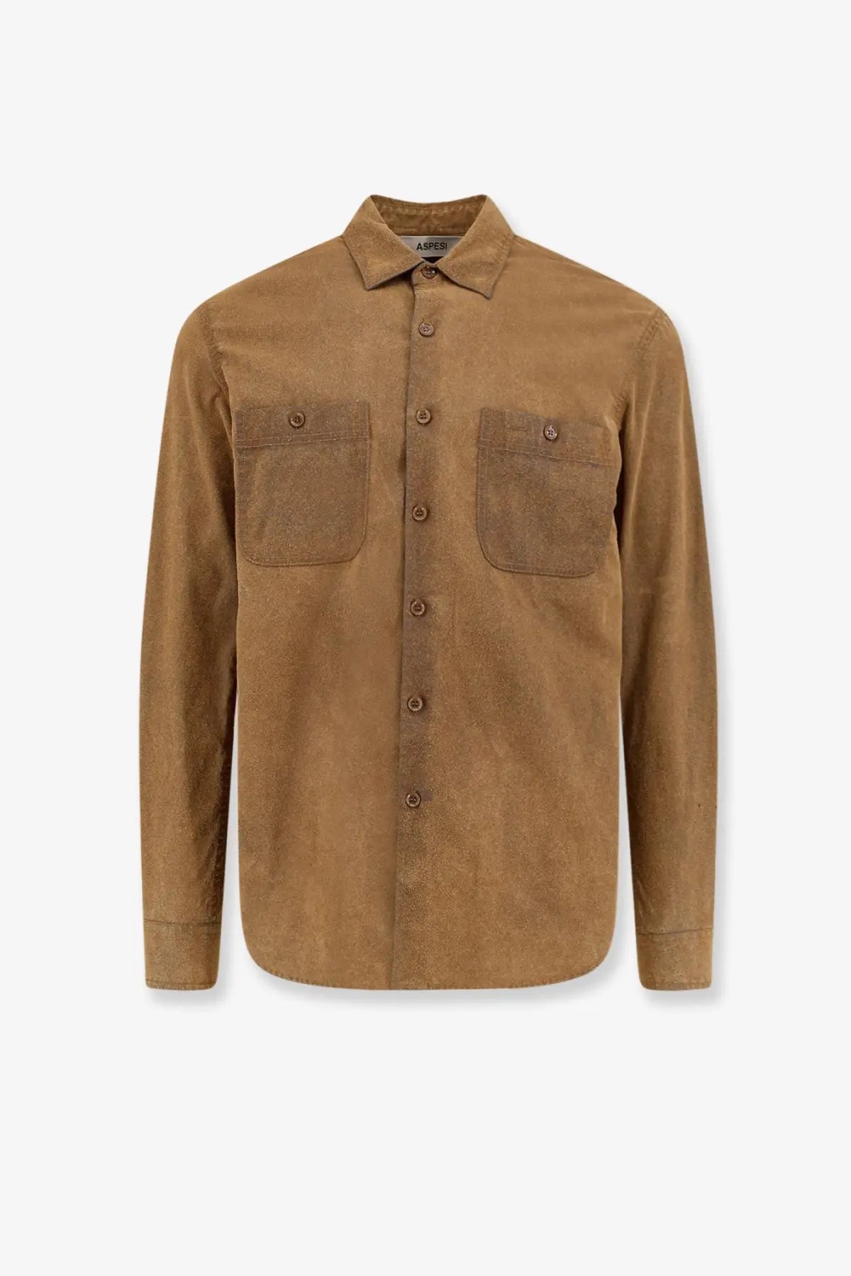 Aspesi men’s suede shirt orange tan button up with two chest pockets and classic collar