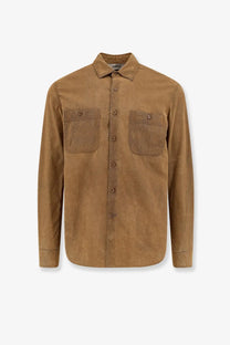 Aspesi men’s suede shirt orange tan button up with two chest pockets and classic collar