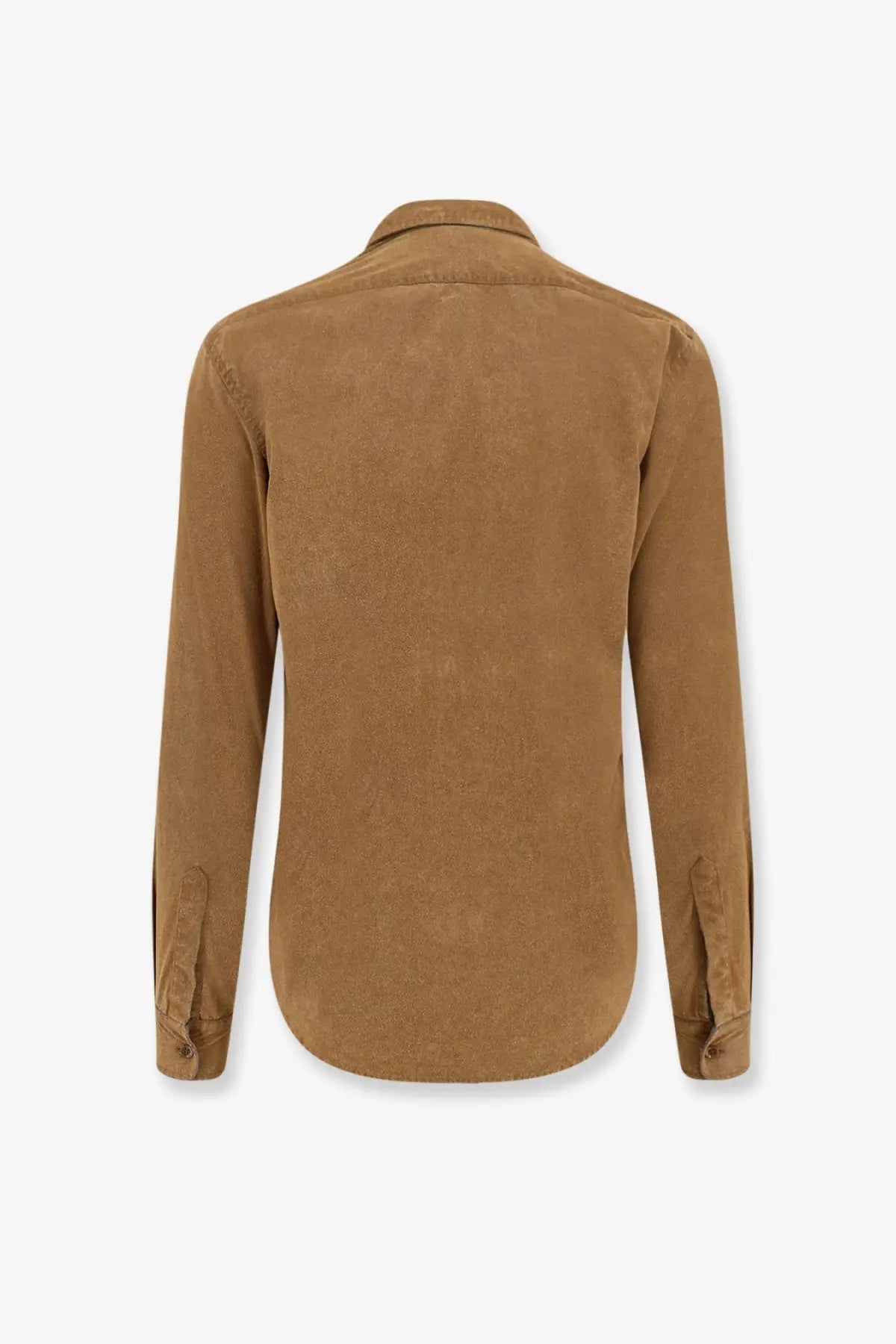 Aspesi men’s suede shirt in orange featuring a tan corduroy long-sleeved design with classic collar and buttoned cuffs