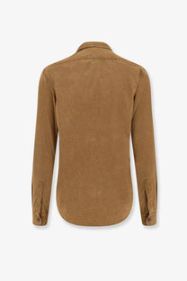 Aspesi men’s suede shirt in orange featuring a tan corduroy long-sleeved design with classic collar and buttoned cuffs