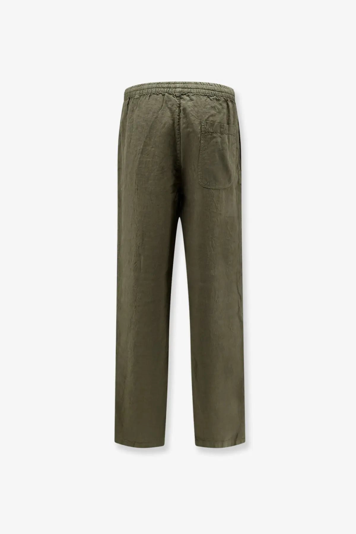 Olive green cotton trousers with elastic waistband and single back pocket shown from the back in aspesi men’s ventura linen trousers green