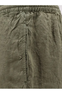 Olive green aspesi men’s ventura linen shorts with elastic waistband and central seam detailing